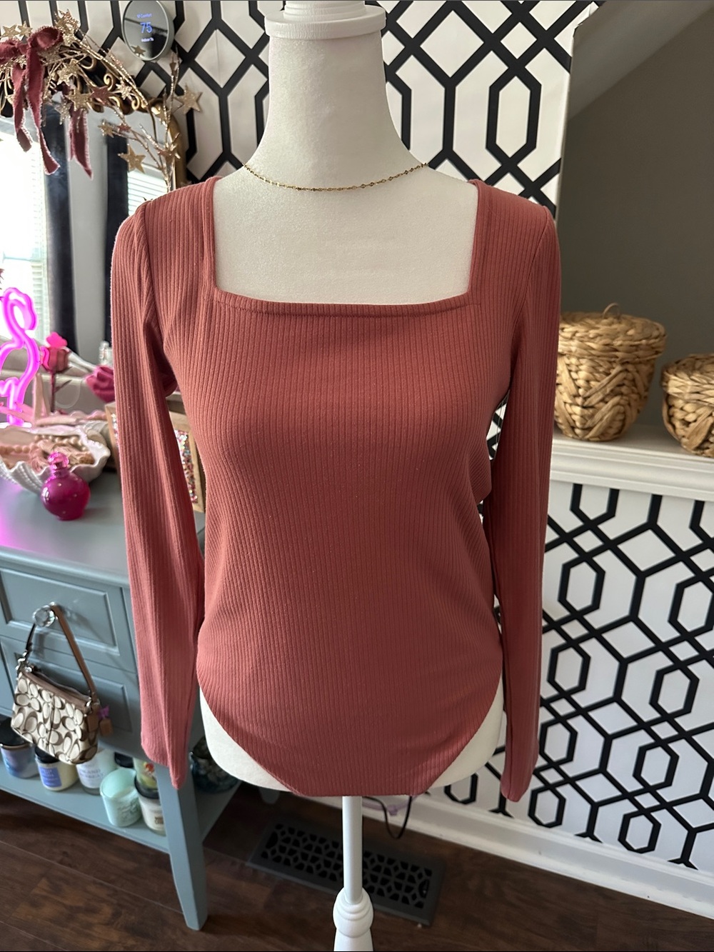 Old Navy Ribbed Square Neck Long Sleeve Top - Mauve